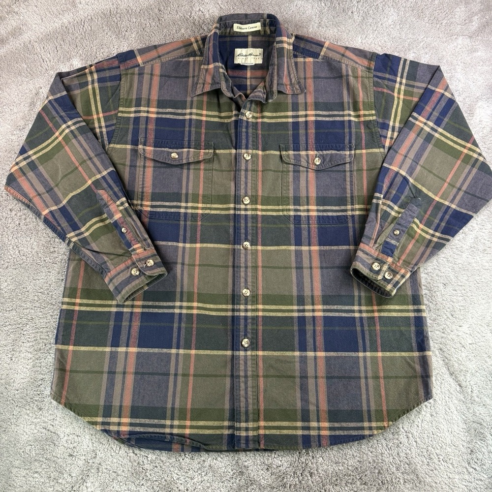 Vintage Eddie Bauer Elkhorn Canvas Shirt Men's Large Muted Plaid Workwear 90's